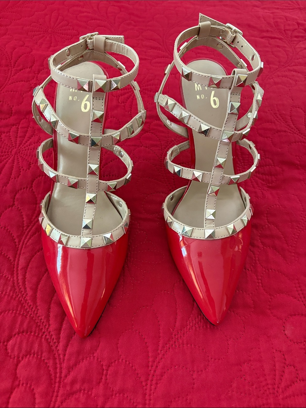 No. 6 Red Patent Pointed-Toe Studded Nude-Strap Heels